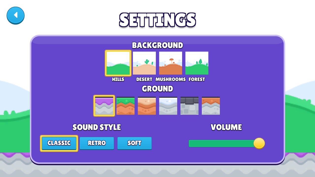 Settings with backgrounds, ground styles and sound